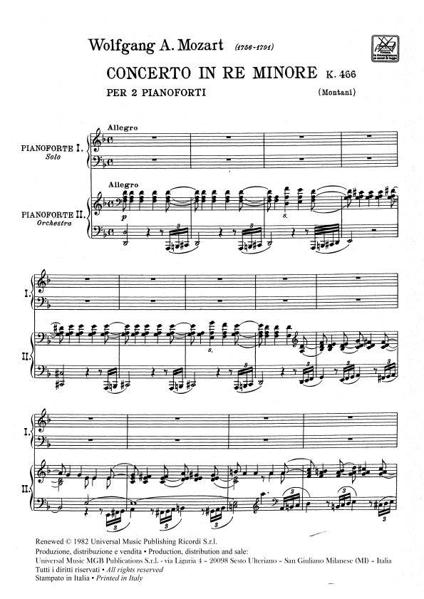 Concerto In Re Min. Kv 466 - Riduzione Per 2 Pianoforti - pro čtyřruční klavír